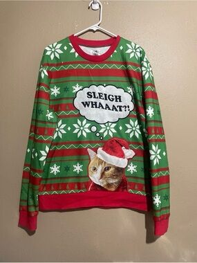 Funny Cat Sleigh Whaaat?! Ugly Christmas Sweater Oversize Adult M